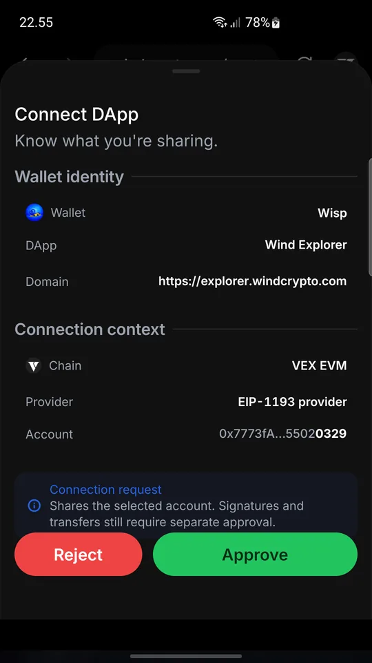 Wisp Wallet approval sheet for connecting Wind Explorer through the EIP-1193 provider