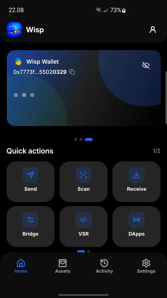 Current Wisp Wallet home screen with hidden portfolio balance and quick actions