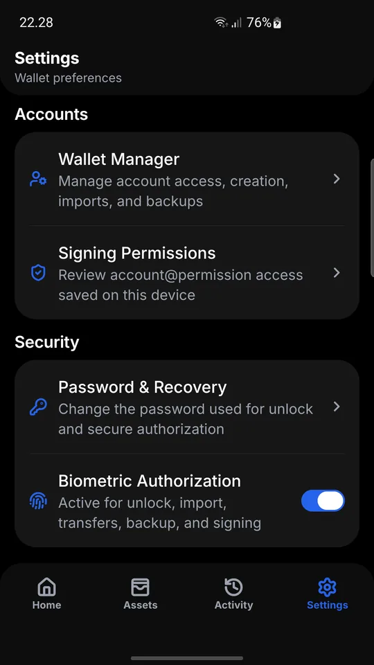 Wisp Wallet settings for wallet management, signing permissions, recovery, and biometric authorization