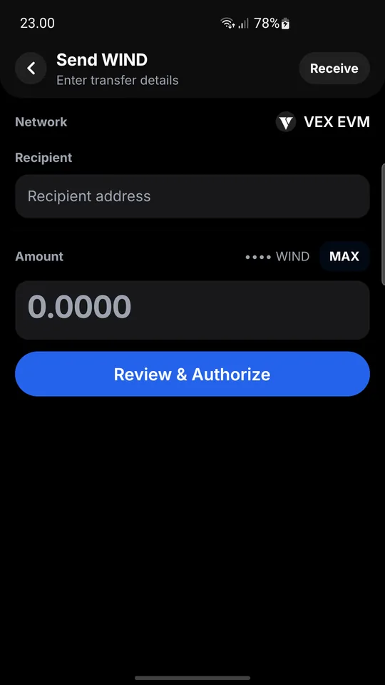 Wisp Wallet VEX EVM send form before transaction review and authorization